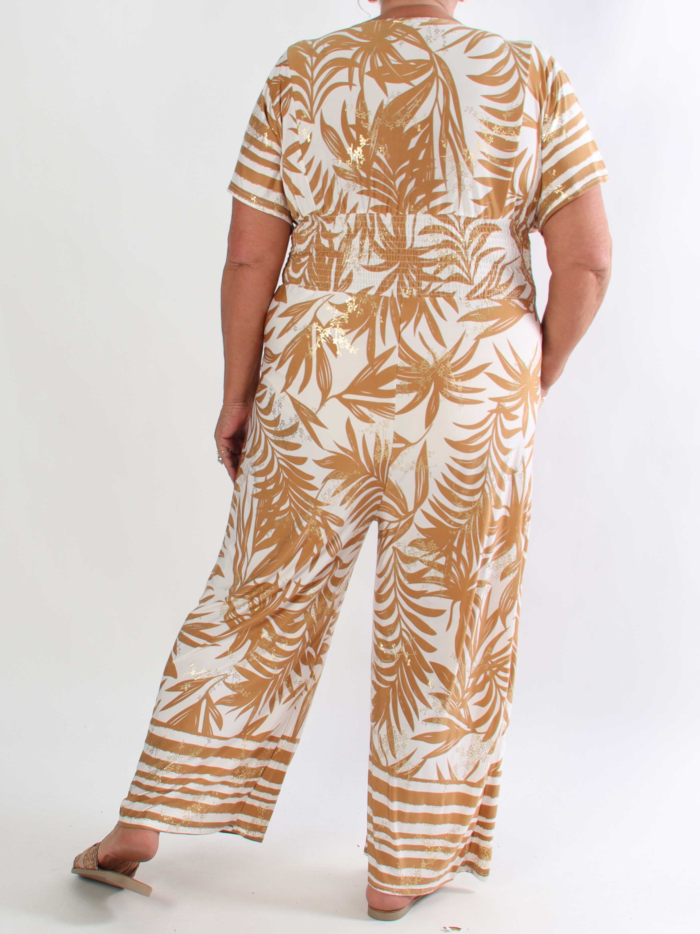 Pams Palm Jumpsuit - Elastisk plus size buksedragt med palmeprint
